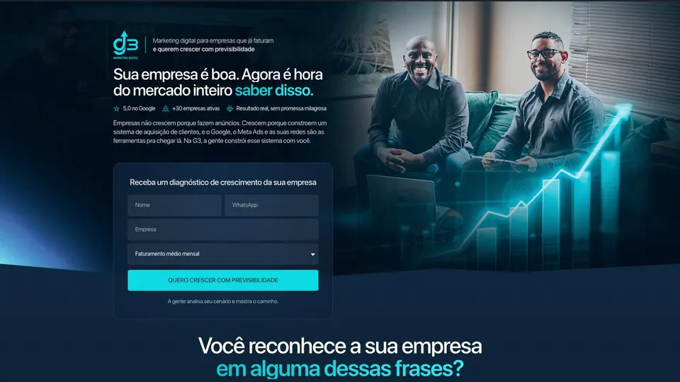 Primeira seção da landing page G3 Marketing