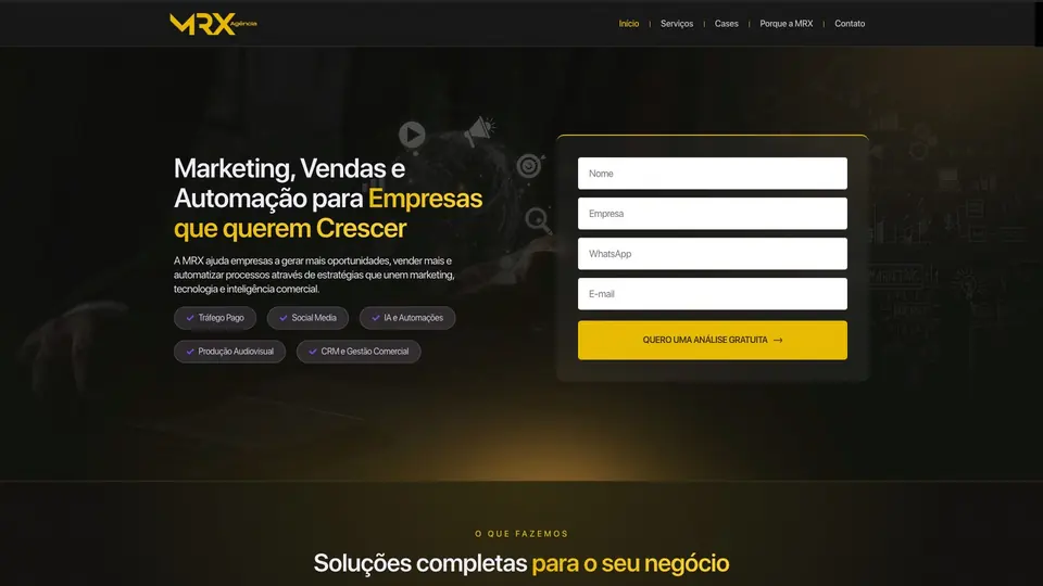 Primeira seção da landing page MRX Agência